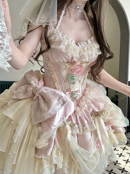 Entbeint Vollkorsett Hanayome Rosa Kleid JSK Floral Taille Prinzessin Lolita Set Fee
