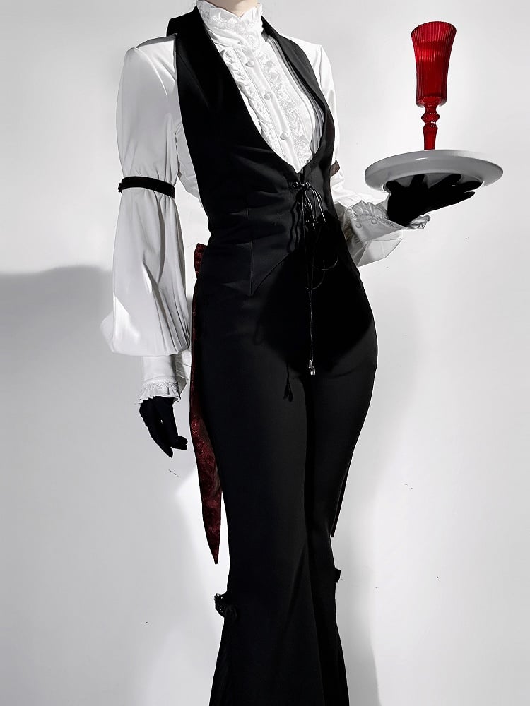 Schwarzer Ouji-Hals-Gothic-Hasen am Halfter-Lolita-Frack mit Schnalle auf der Rückseite und Schleifenschwanzweste