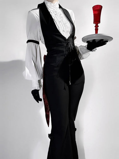 Schwarzer Ouji-Hals-Gothic-Hasen am Halfter-Lolita-Frack mit Schnalle auf der Rückseite und Schleifenschwanzweste