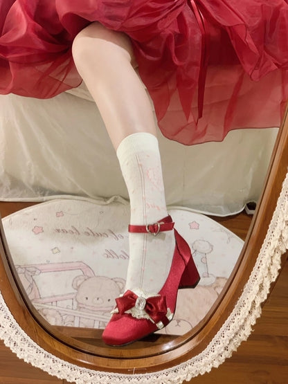 Red Bow Mary Rhinestone Lolita Ruffles on Decor Accents Applique Wine Heart Mid-heel Janes with for