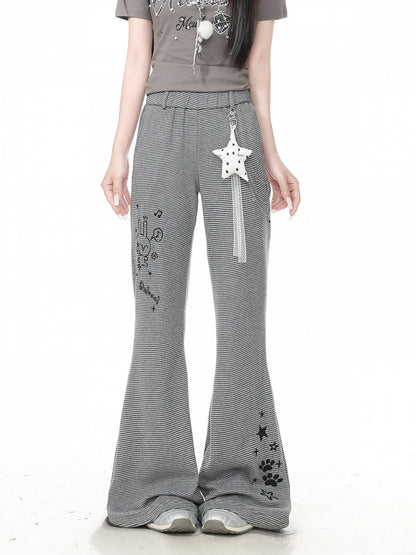 Embroidered Gray Striped Flared Pants with Star Charm