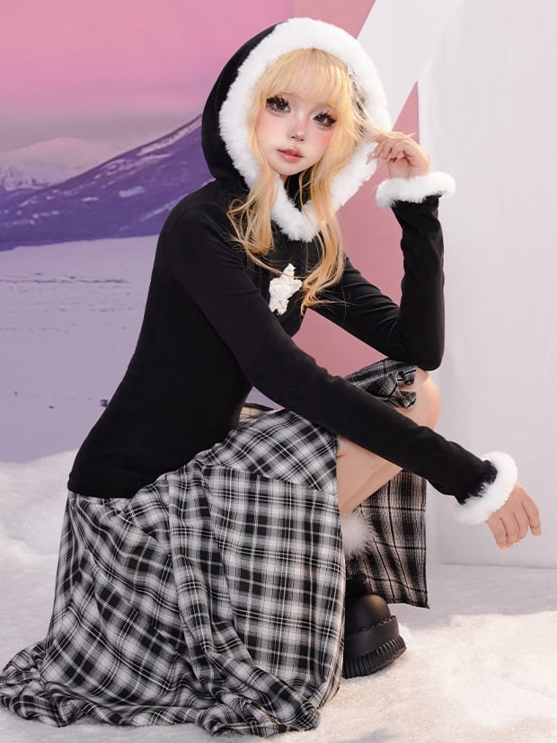 ブラックスターアップリケプラッシュトリムフード付きスリムフィットトップス