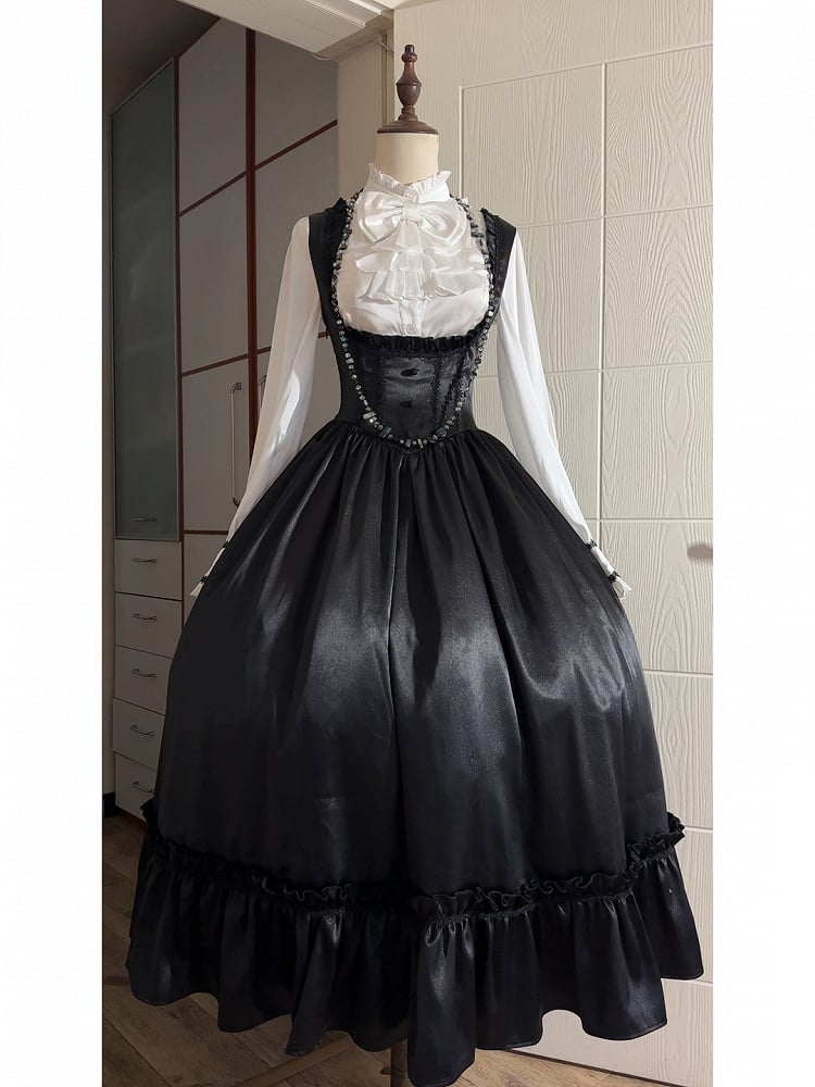 Black Satin Basque Waist Under Bust Classic Lolita JSK - Alice in Wonderland Lolita
