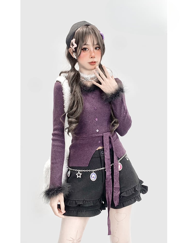 Dunkelgraue Shorts mit hoher Taille und Rüschenbesatz