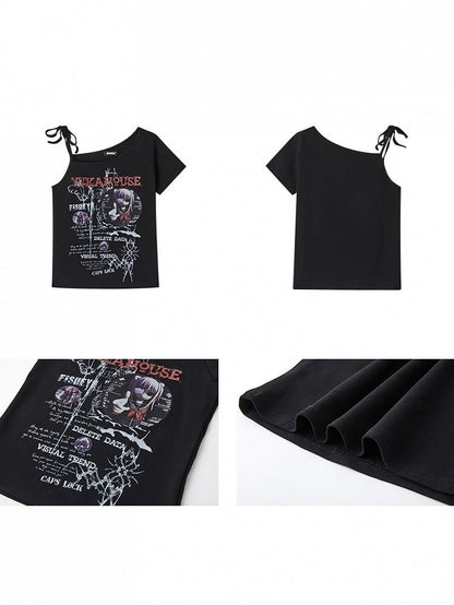 T-shirt Punk avec imprimé à nouer, asymétrique, noir, motif anime