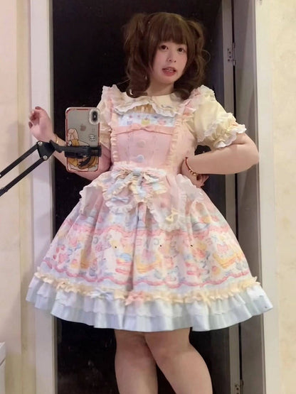 Dress Ruffle Bow Details JSK and Macaron with Lolita Print Sweet Cake Color