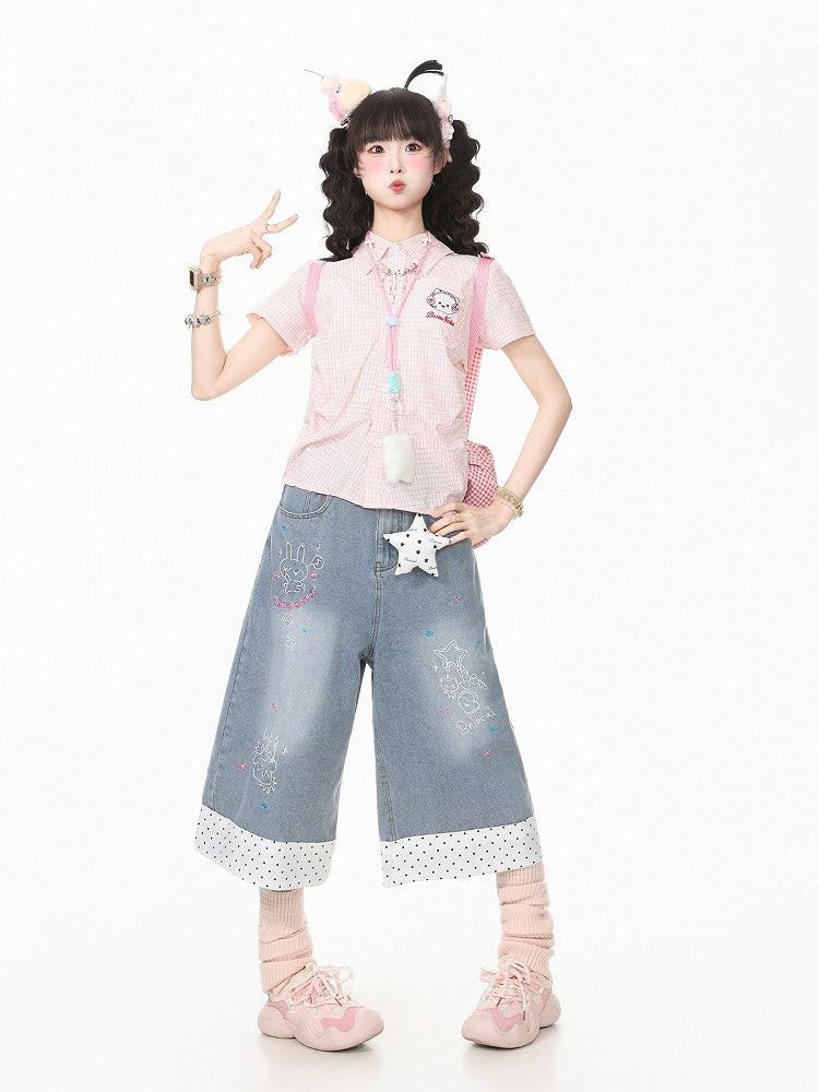 Pink Gingham Polo Short Sleeve Fitted Shirt Embroidery