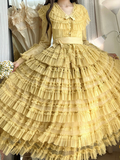 Blouse Sleeves Elegant - Bell Dotted Vest Mesh Waist Multi-layered Classic Yellow Tulle Cotton Set Belt + Lolita Skirt