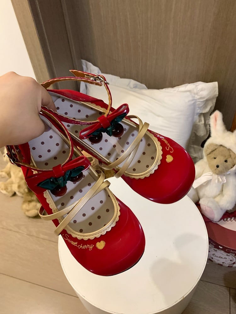 Crisscross Design Low-heel Heart-shaped Shoes Lolita Closure Snap Sweet - Red