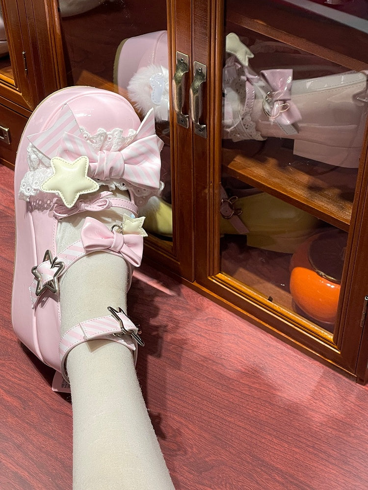 Bowknot Pattern Details Lolita Straps Striped Pink Platforms Buckle Star