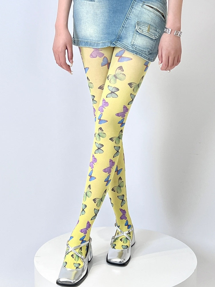Tights Butterfly Print Yellow/Black