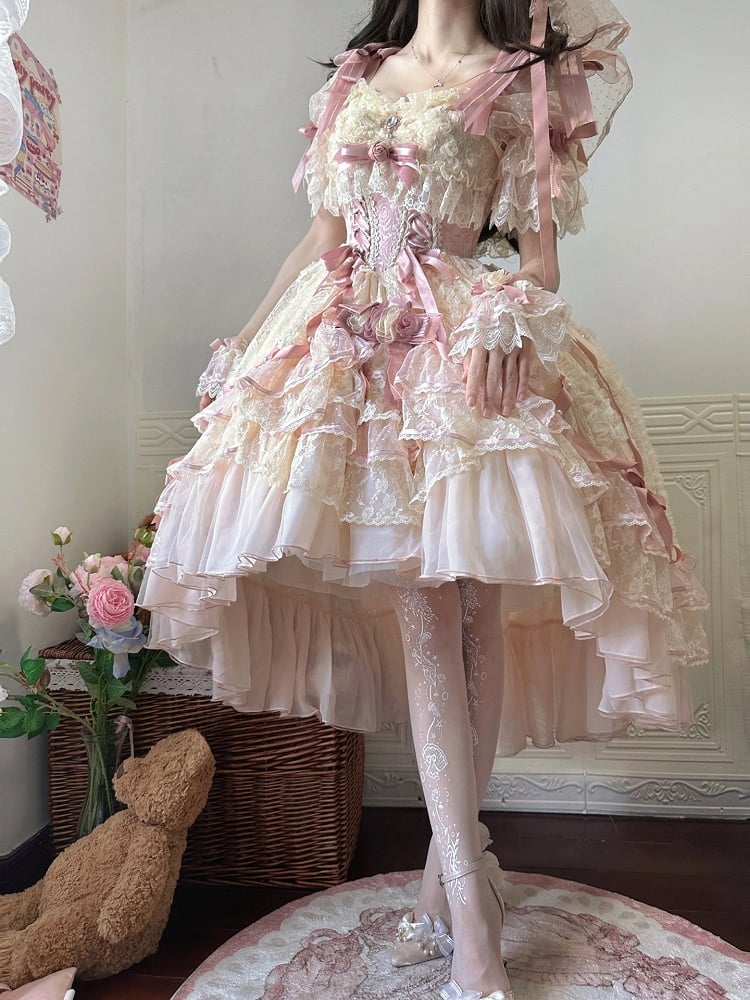 Pink Dress and Beige Piece Layered High-low Princess One Lolita Hanayome Hime