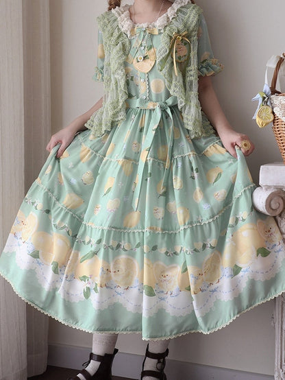 Summer and Print Spring for Chick Dress Green Lolita Short Sleeves Lemon