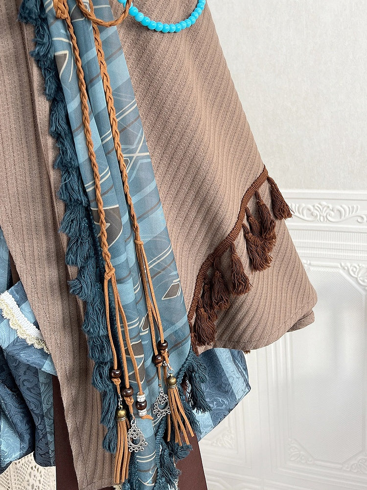 Wasteland Style Brown Asymmetrical Lolita Cape with Tassel & Bead Accents - Xiong Dou Jiang