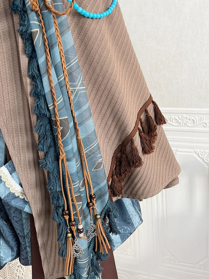Wasteland Style Brown Asymmetrical Lolita Cape with Tassel & Bead Accents - Xiong Dou Jiang