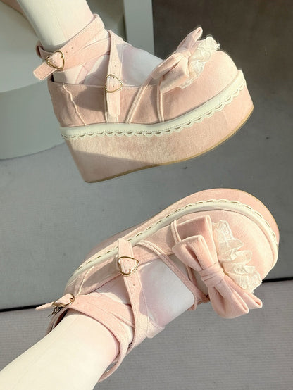 - Velvet Lolita Platforms Bow Pink Delicate Sweet Lace-Edged in