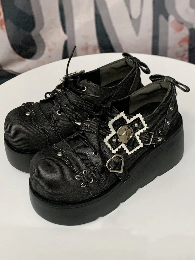 Platforms Denim Punk Black Details with Studded