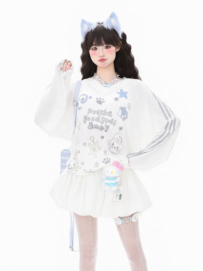 Lace and Sleeve Top Adorable Print Long Trim Letter White/Blue V-Neck with