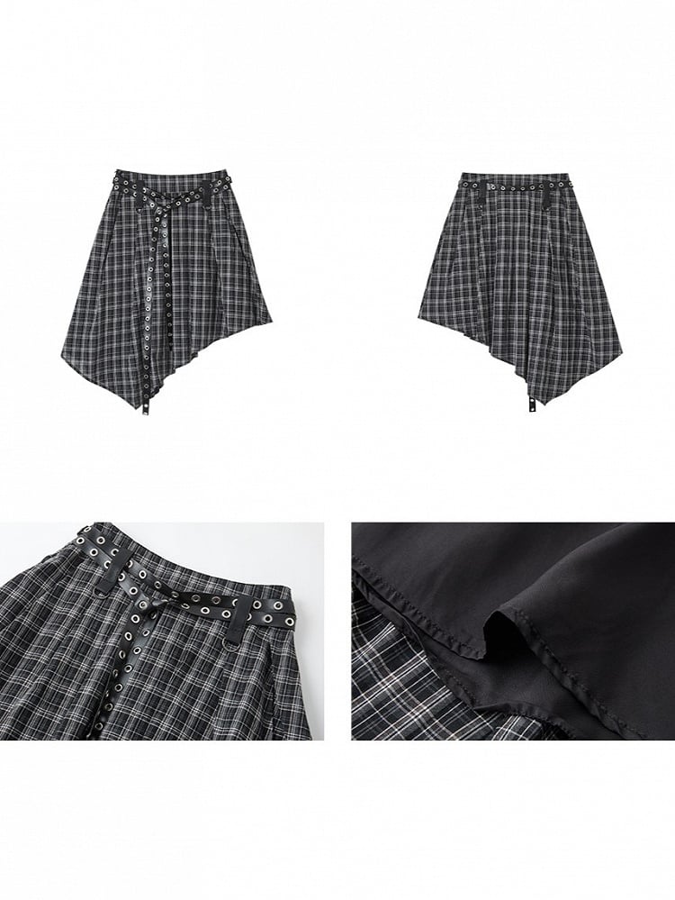 with Punk Skirt Gothic Belts White Hem Dual Black Handkerchief Eyelet Plaid Metal PU