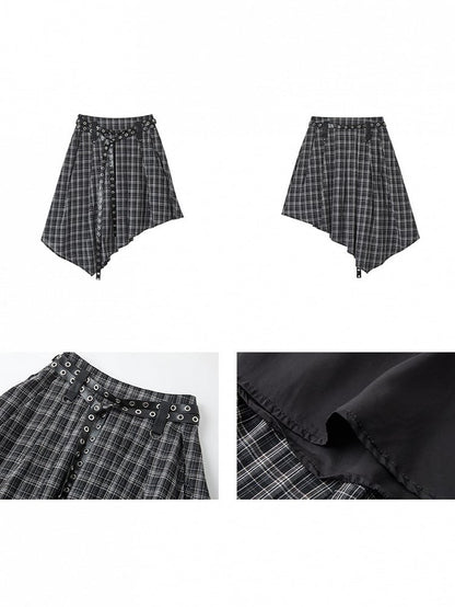 with Punk Skirt Gothic Belts White Hem Dual Black Handkerchief Eyelet Plaid Metal PU