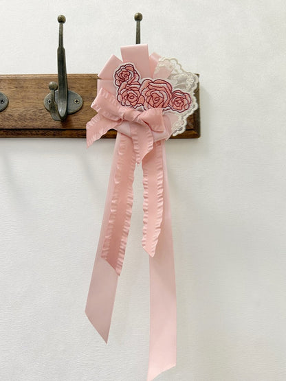 Embroidered Floral Brooch with Blue and Pink Ribbon Bow - Forest Fairy Tales