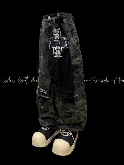 Wide-Leg Cargo Army Green Pattern Pants Camo