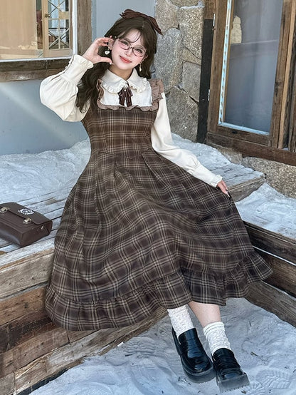 Plus Size Brown Peter Pan Collar Long Sleeves Plaid Flounce Hem Dress