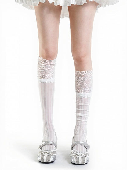 4-Color Lace Trim Calf Socks with Stripe Pattern - ModaSwings