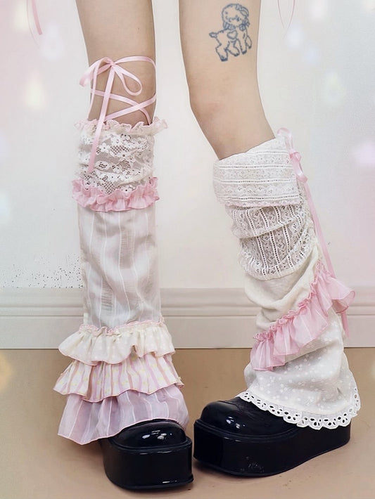 Asymmetrical Warmers Ruffles Leg and Pink with Tiered Lace