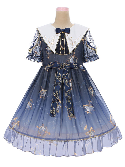 Navy Blue Celestial Globe & Starry Bow Accents Flounce Hem Lolita Dress