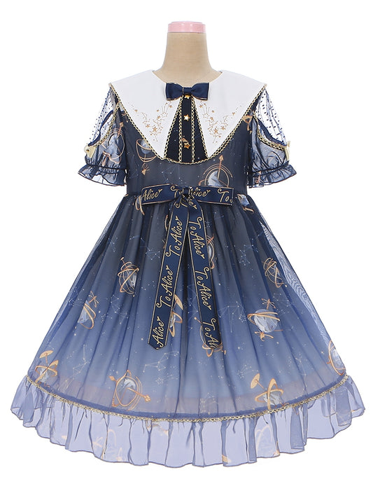 Navy Blue Celestial Globe & Starry Bow Accents Flounce Hem Lolita Dress