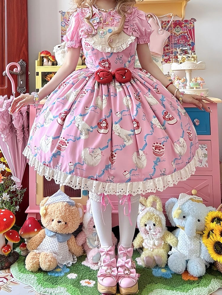 Kitty Cake Fashion Kleid Sweet and Showa Pink Lolita Print Cherry