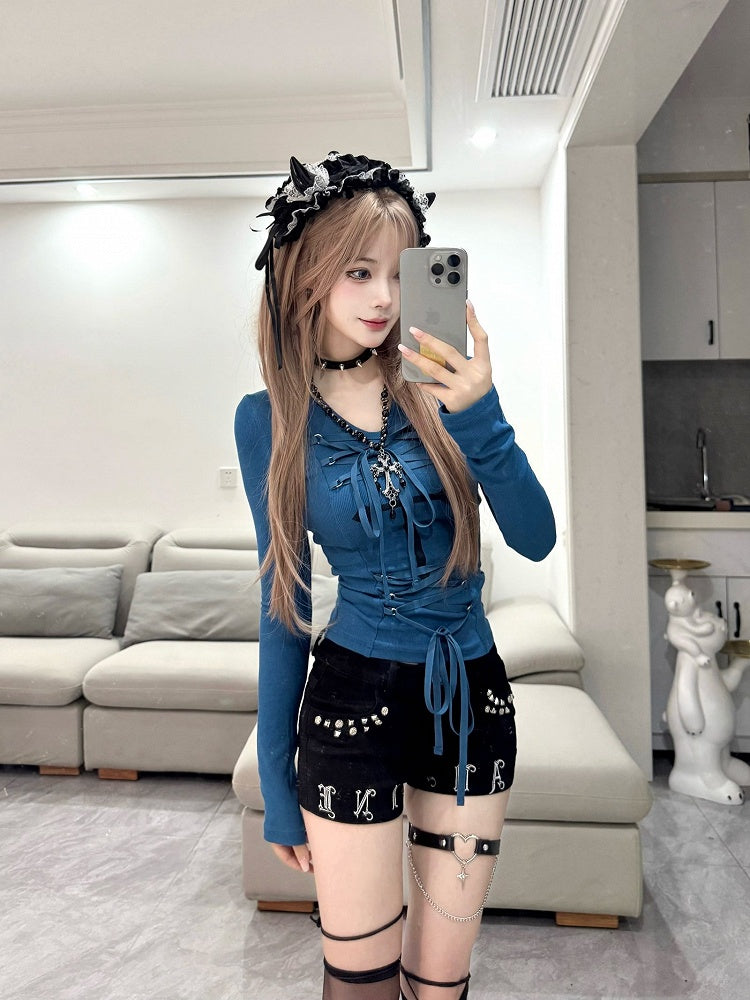 Front with Alternative Fashion Lace-up Klein Blue Cross Long Sleeve Top Details