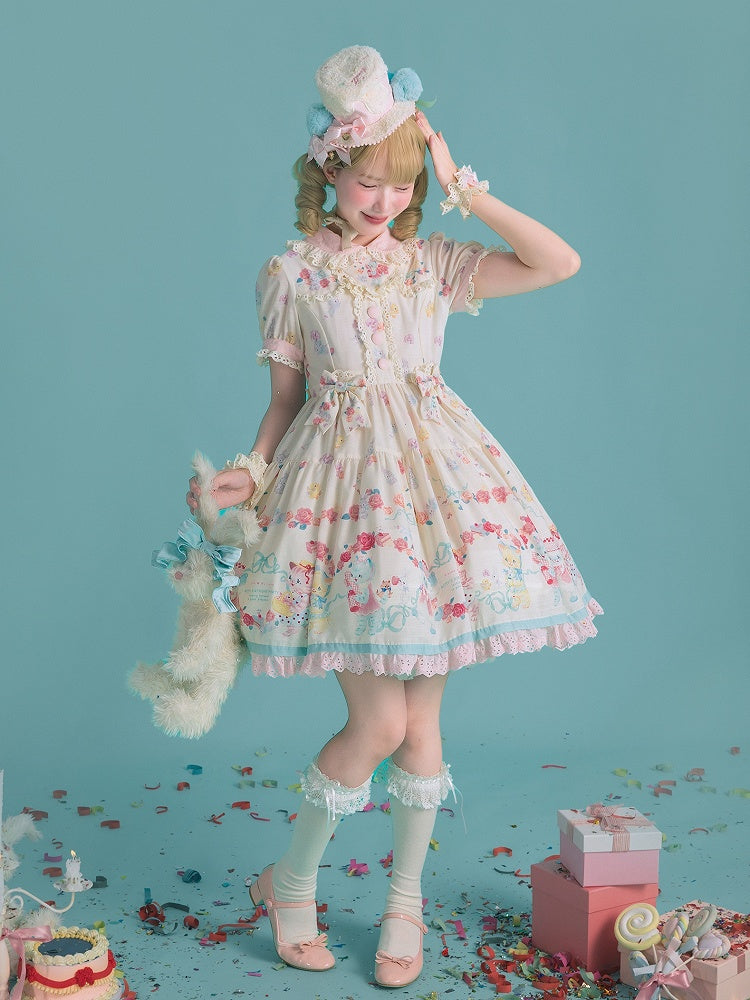 Lolita-Kätzchenkleid mit gewellter Öse und Ärmeln, Aufdruck, cremige süße Verzierungen