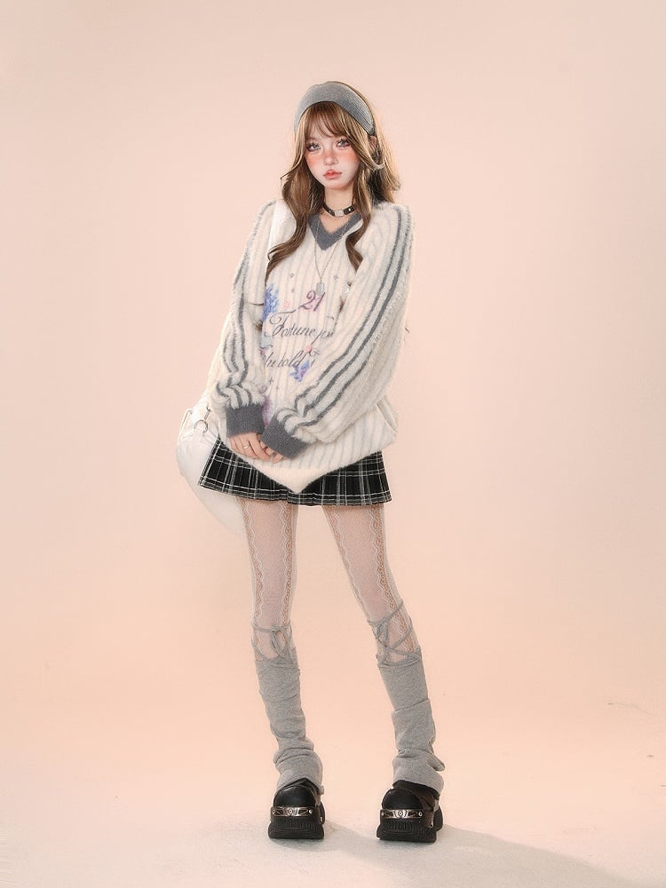 Ocean Print V-Neck White Plush Sweater Stripes with