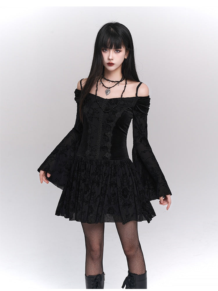 Black Velvet Off-Shoulder Bell-Sleeve Dress with Lace Trim - Lady Ghost