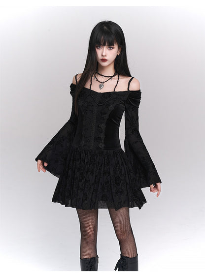 Black Velvet Off-Shoulder Bell-Sleeve Dress with Lace Trim - Lady Ghost