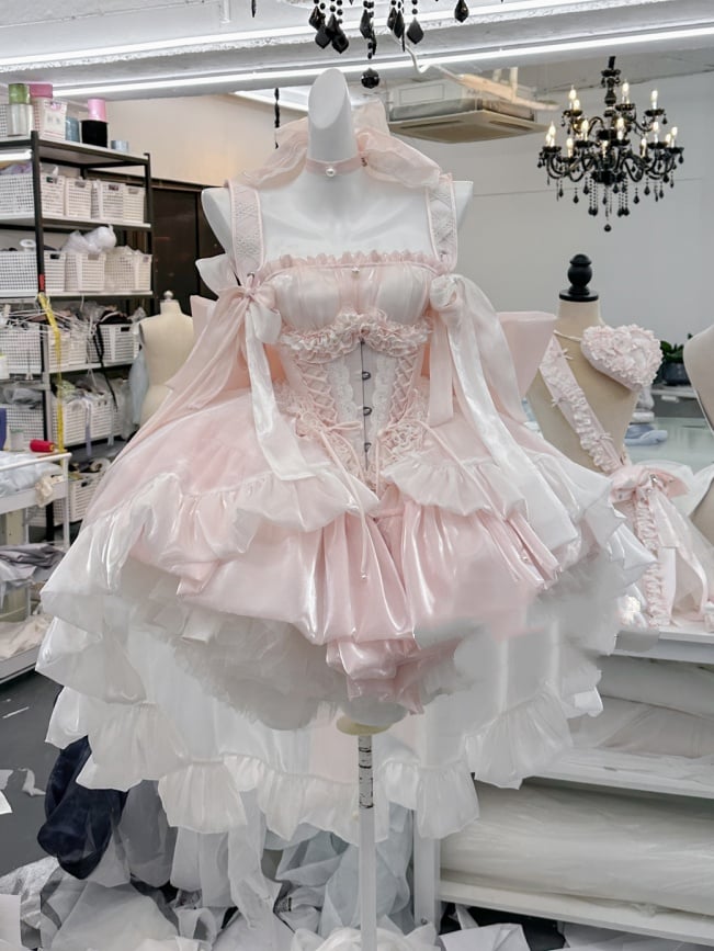 Hime trägerloses Lolita-Kleid mit großer Taille und Schleife, Ausschnitt, süßes Korsett, Rosa