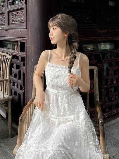 Lace Slip Dress Length White High Waist Ankle