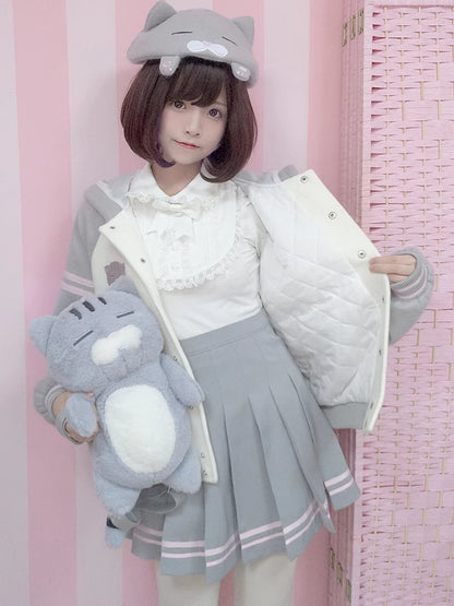 White and Gray Cat Hooded Woolen Baseball Jacket