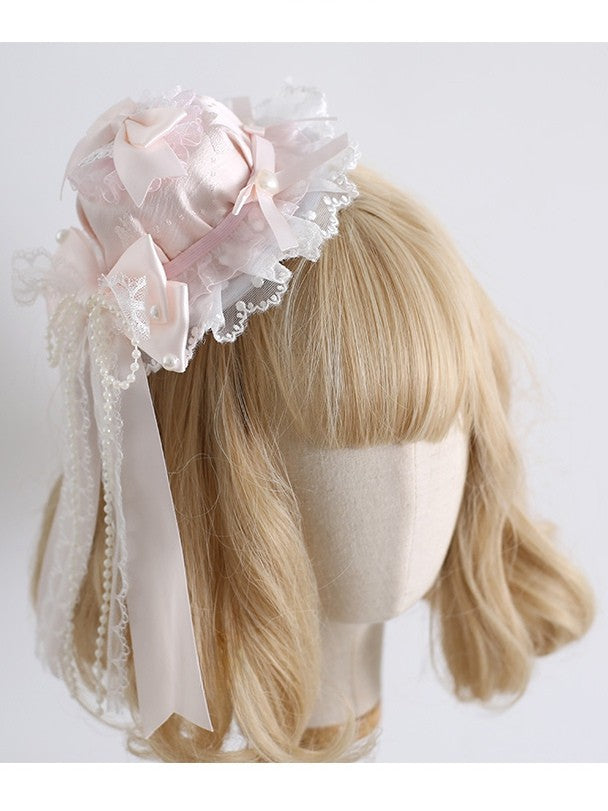 Lolita with Sweet Decorated Bowknot Beaded Details Hat Trim Pink Mini Clips Lace Orange