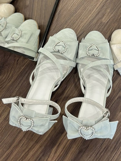 Accents Green Beaded Crisscross Sandals Heel High with Straps Bow - Sweet Lolita Heart Block