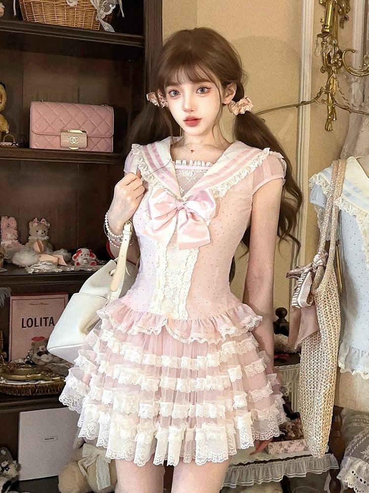 Rosa Chiffon-Top mit Seemanns-Kragenärmeln und