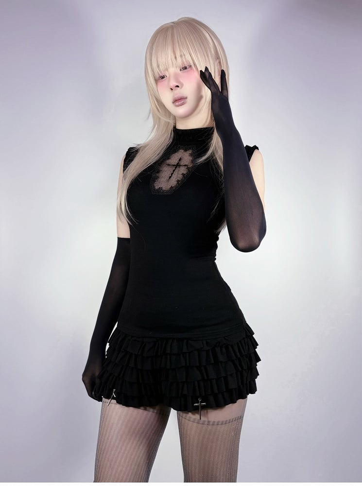 Cross Charms Tiered Ruffles Skort Waist Black Elastic