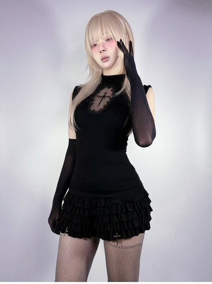 Cross Charms Tiered Ruffles Skort Waist Black Elastic