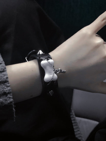 Black Punk Stud Bone Bracelet With Lock/Key Charms