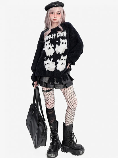 キュートなゴーストキャッツのディストレストリム ブラック ソフトセーター