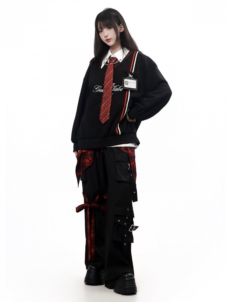 Black Straight-Leg Cargo Trousers with 3D Pockets - PINK SAVIOR