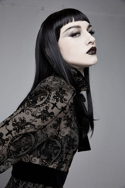 Black Floral Flocked Print Long Sleeves Velvet Tie Women's Gothic Dress