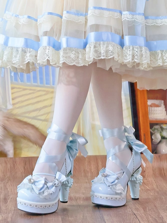 Platform Details Lolita Sweet Block Bow Heart Blue Sculpted High - Sky with Heel Janes Mary Accents